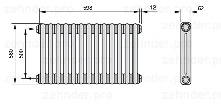 Схема (чертеж) Радиатор Zehnder Charleston 2056/13 №1270 Белый глянцевый RAL 9016